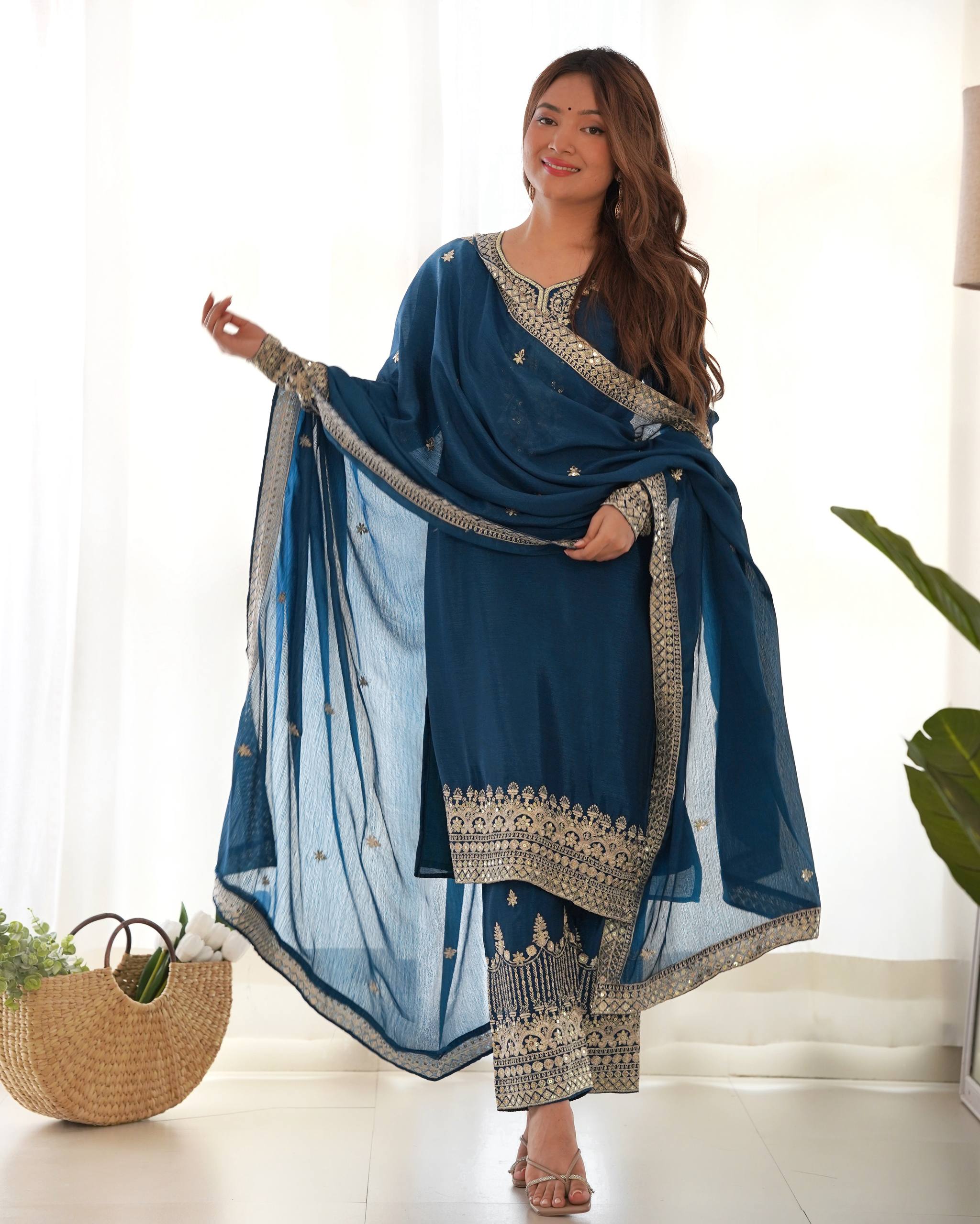 Chinon Silk Embroidered Kurta Set with Pant & Designer Dupatta