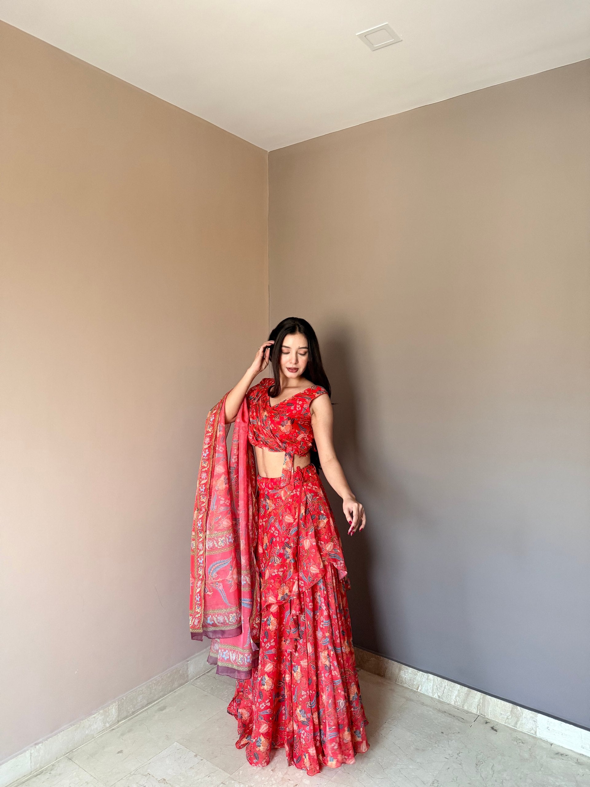 Red Floral Printed Lehenga Set with Sleeveless Blouse & Dupatta