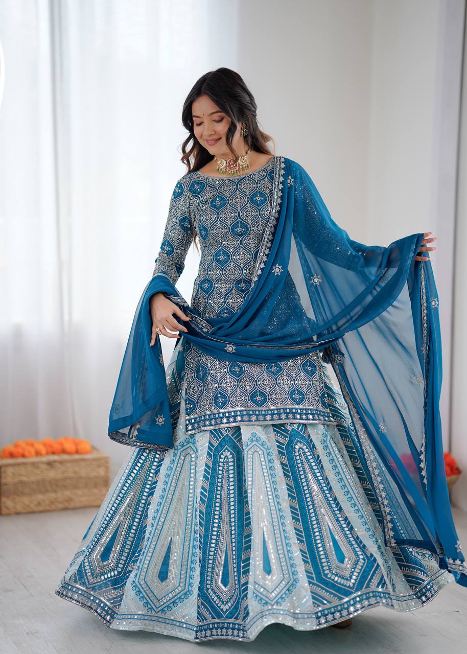 Faux Georgette Lehenga Set with Embroidered Top & Dupatta