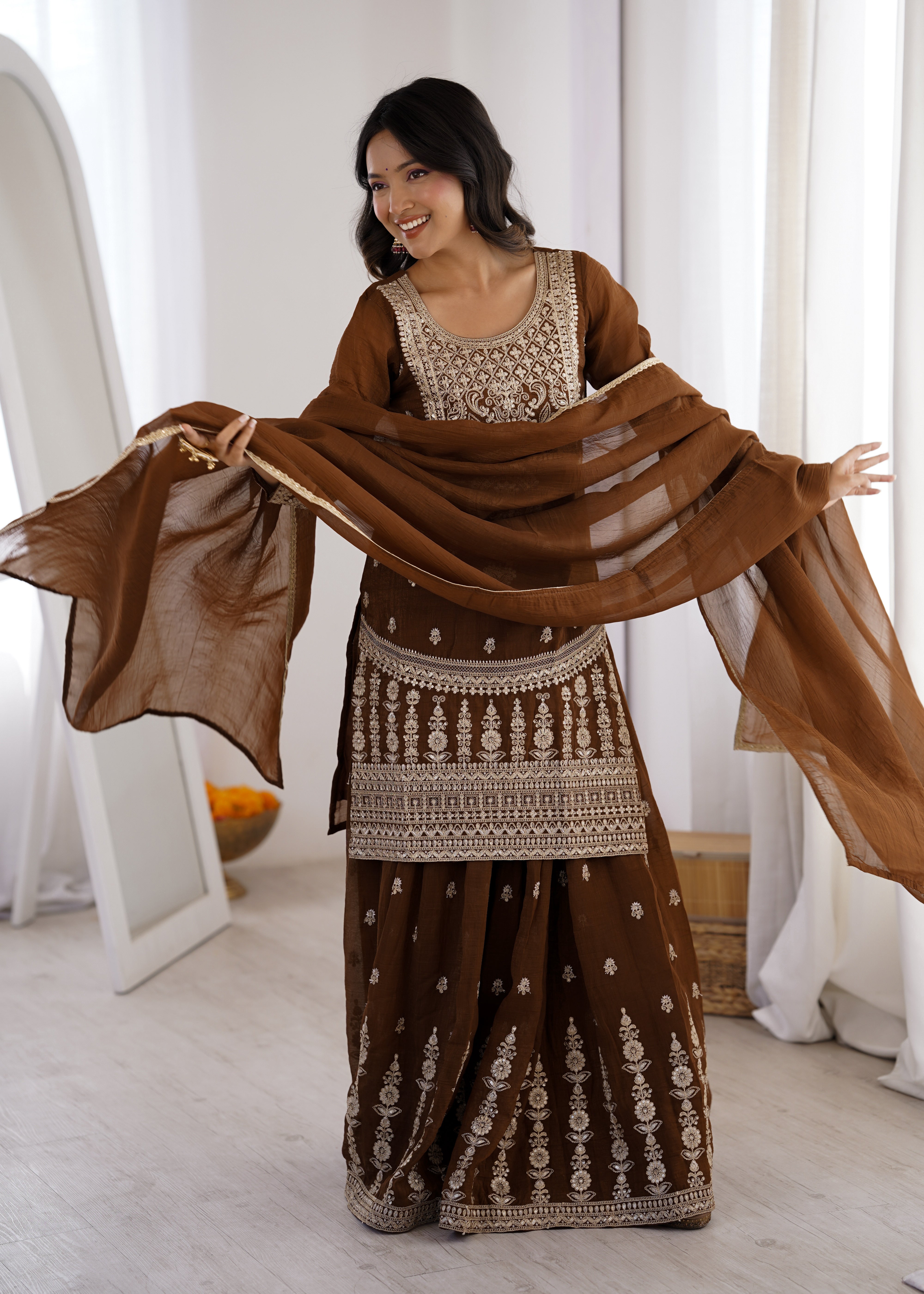 Crunchy Silk Embroidered Sharara Suit Set with Designer Dupatta