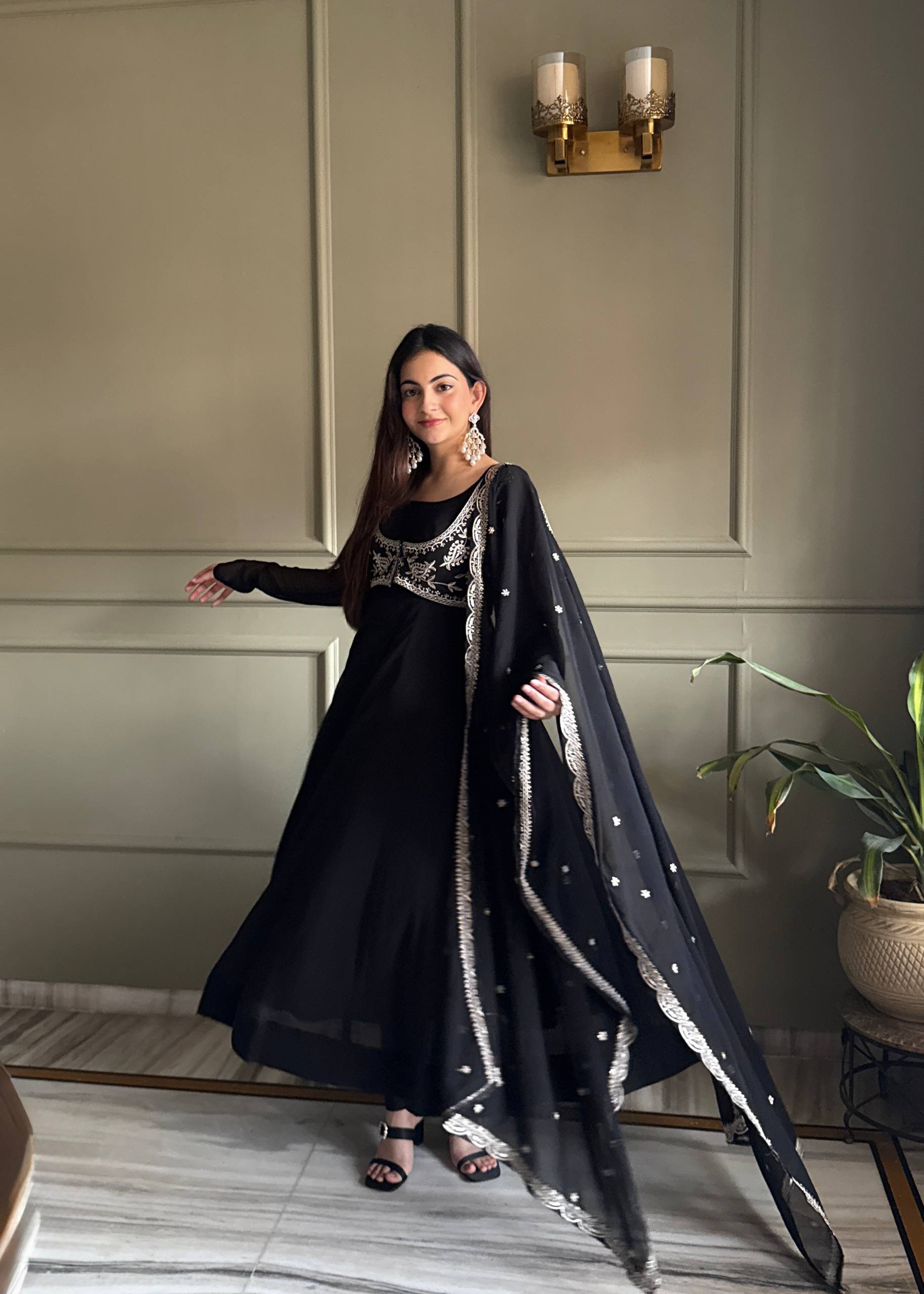 Designer Fox Georgette Anarkali Gown Set with Embroidered Dupatta