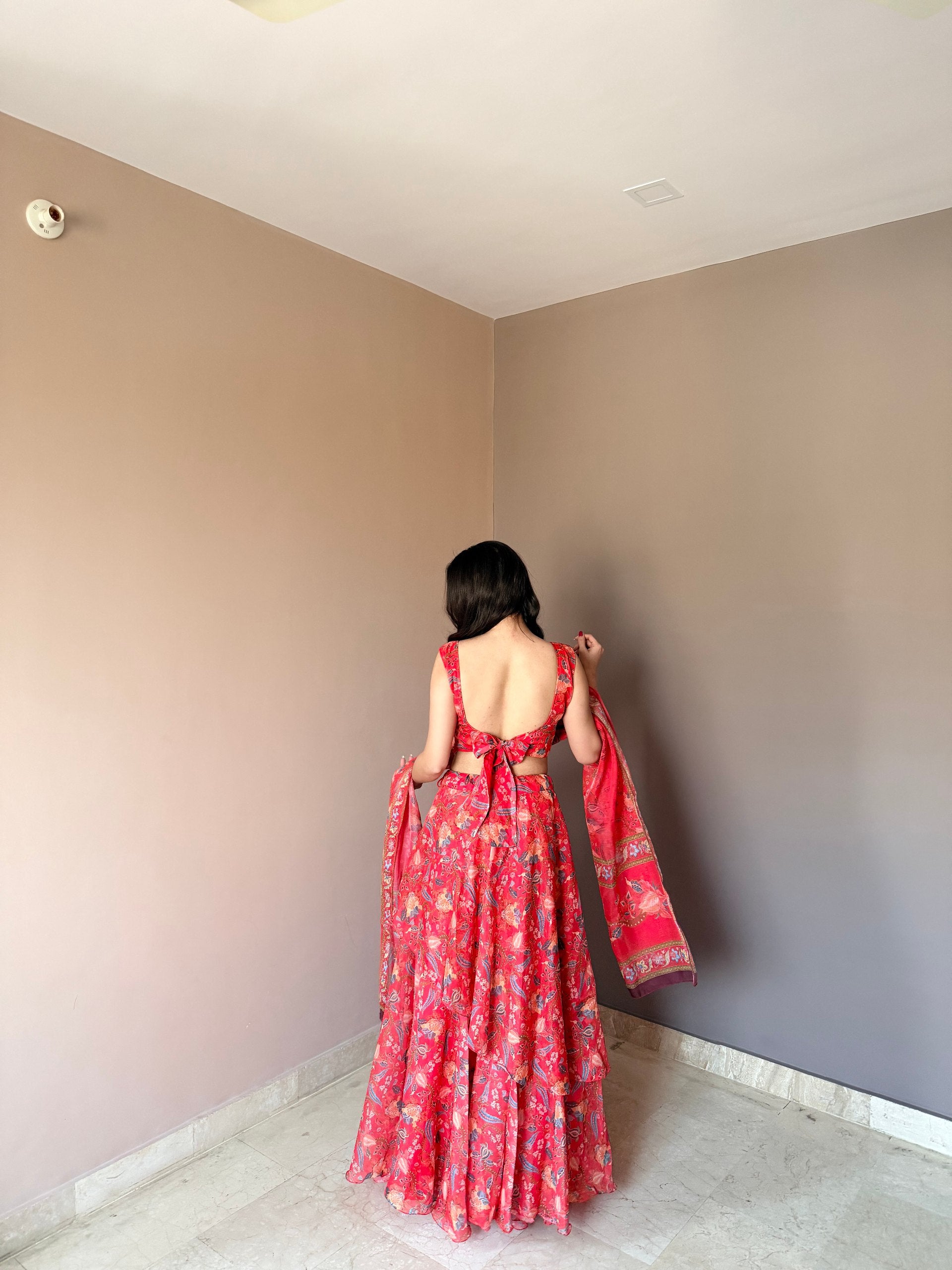 Red Floral Printed Lehenga Set with Sleeveless Blouse & Dupatta