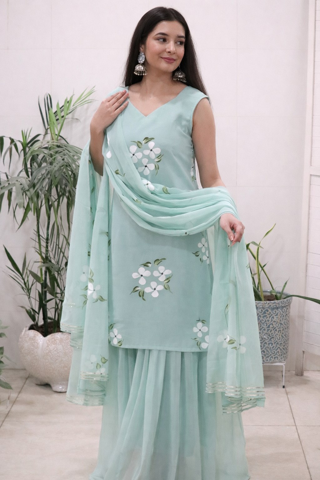 Hand Painted Georgette Kurti Sharara Set with Dupatta