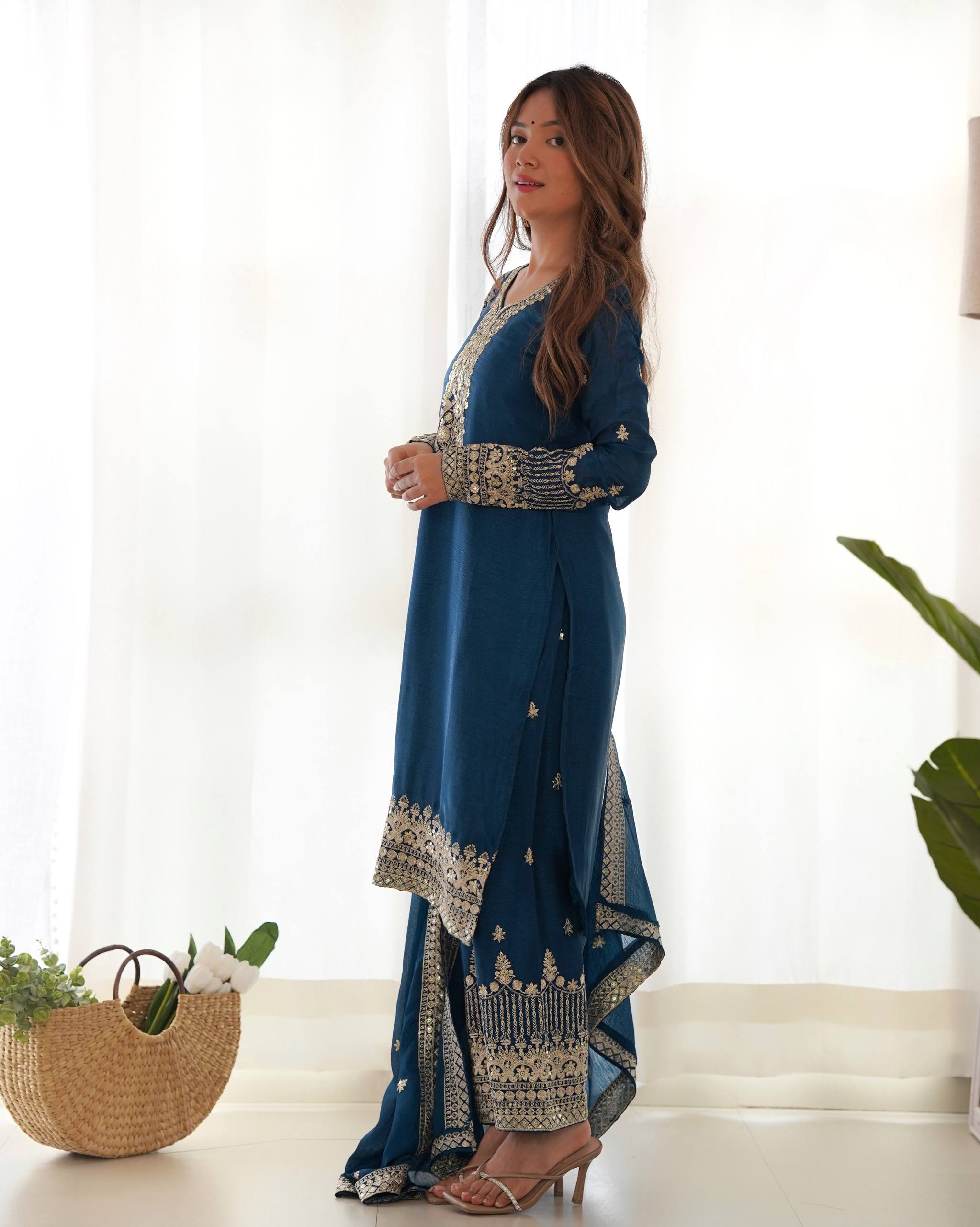 Chinon Silk Embroidered Kurta Set with Pant & Designer Dupatta