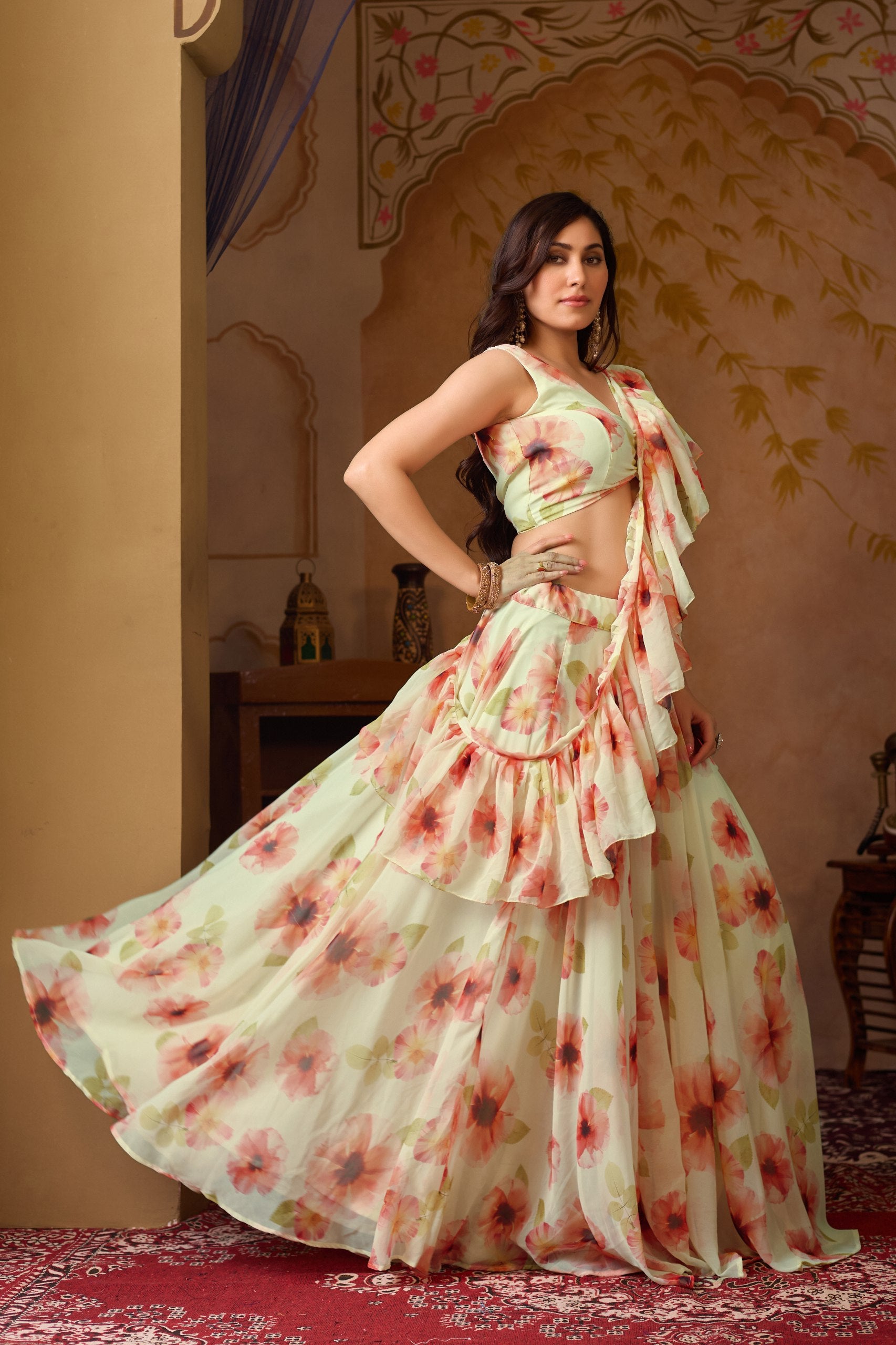 Floral Digital Print Georgette Lehenga Set with Dupatta