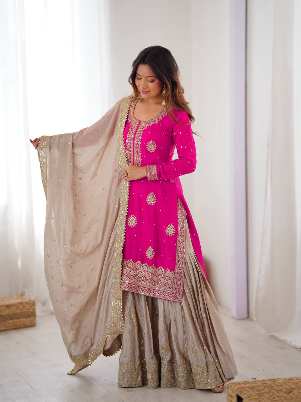 Chinon Silk Sharara Suit Set with Pearl & Sequence Work