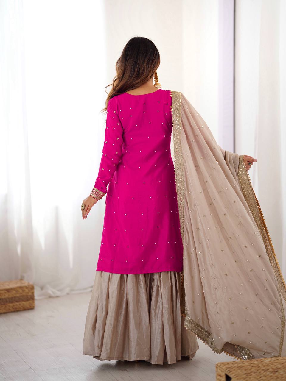 Chinon Silk Sharara Suit Set with Pearl & Sequence Work
