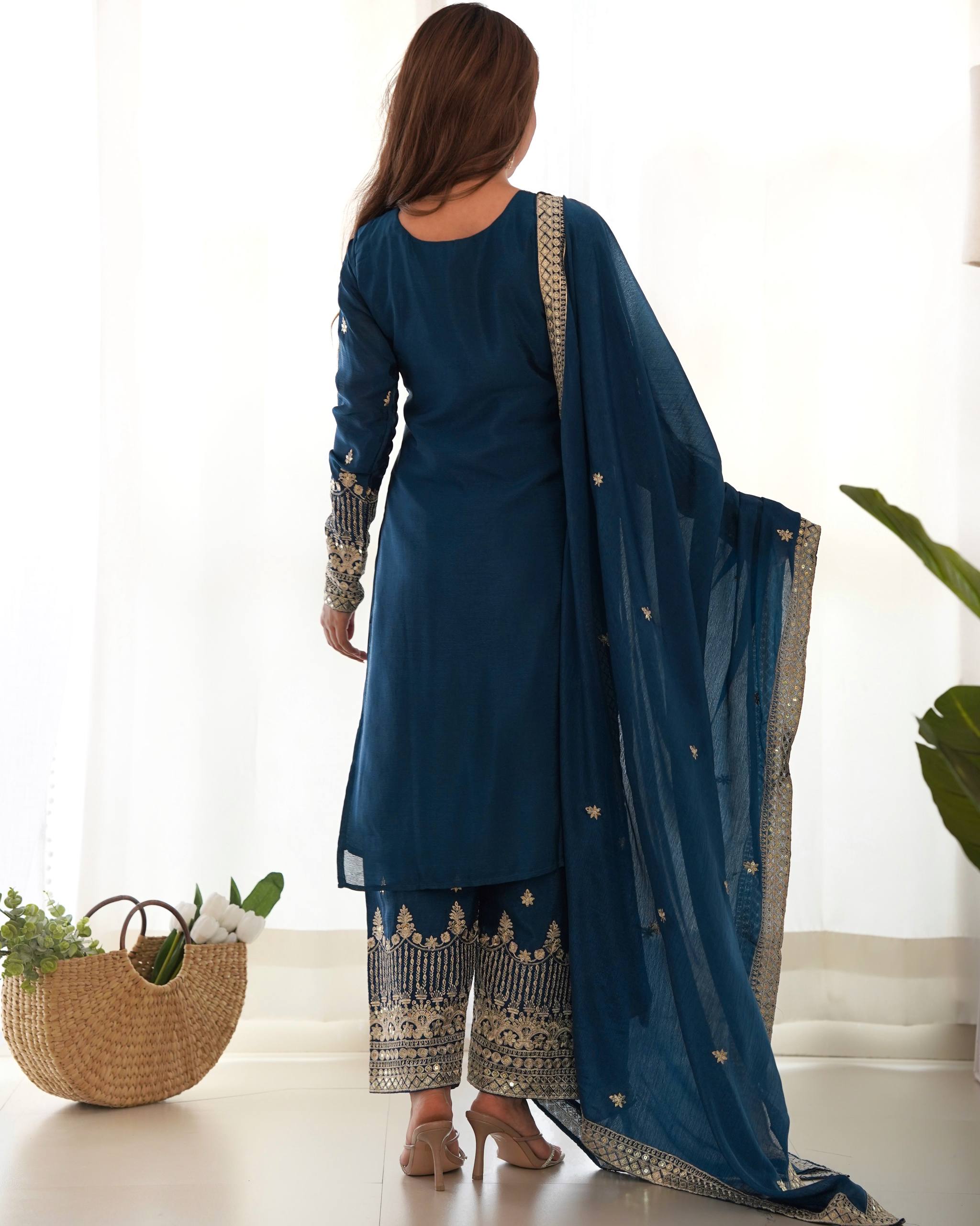 Chinon Silk Embroidered Kurta Set with Pant & Designer Dupatta
