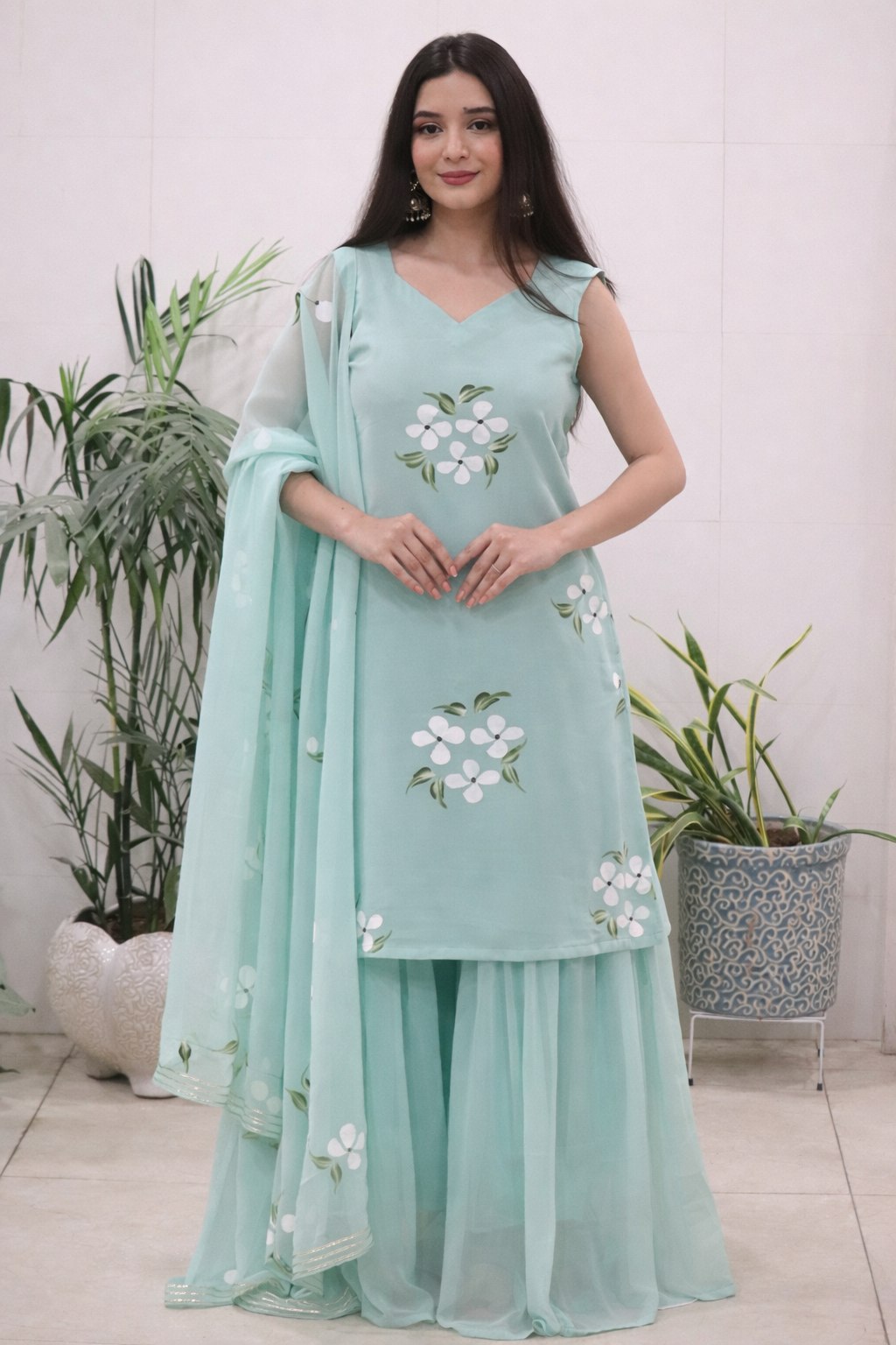 Hand Painted Georgette Kurti Sharara Set with Dupatta