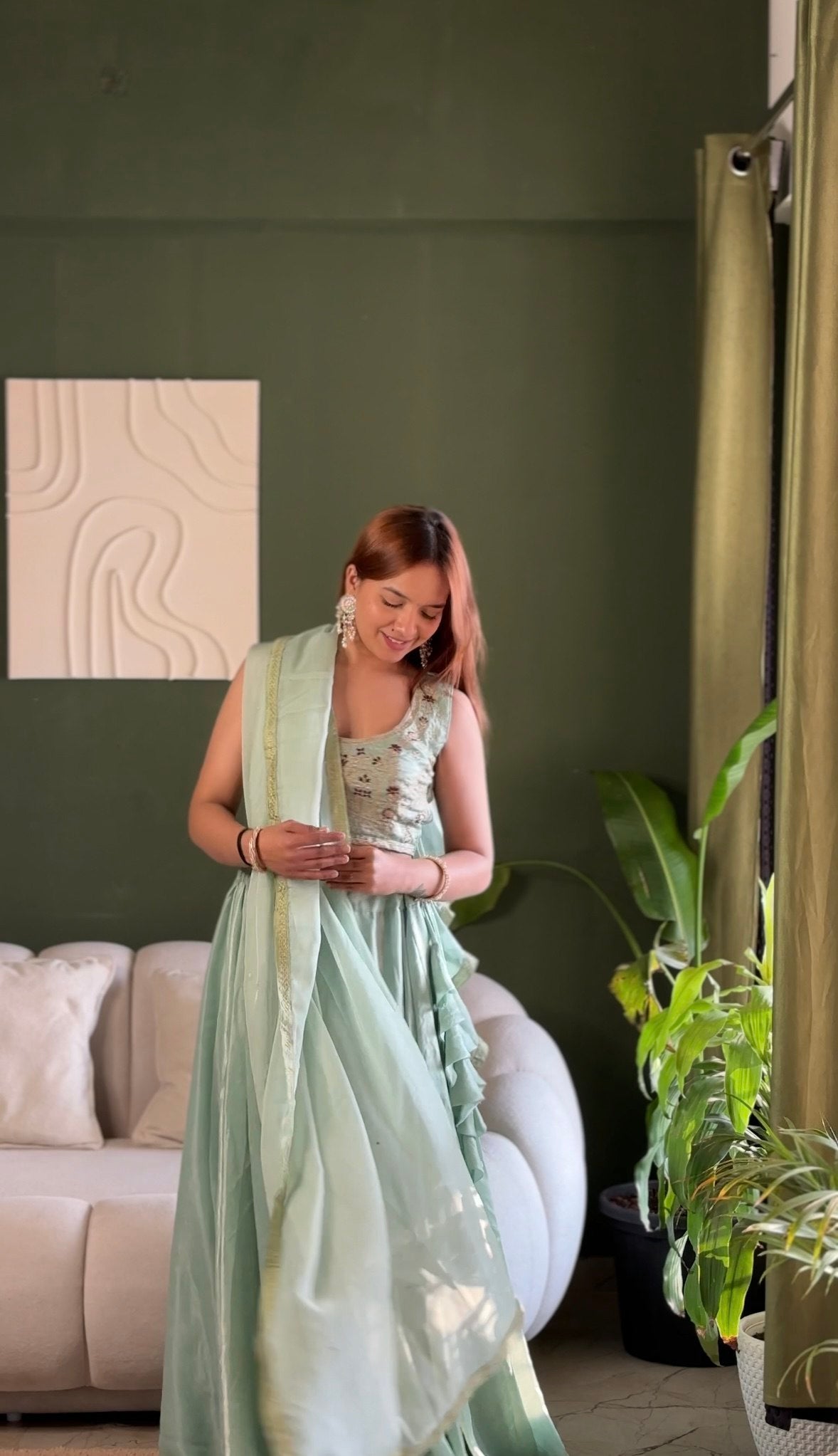 Pastel Mint Embroidered Lehenga Set with Net Dupatta