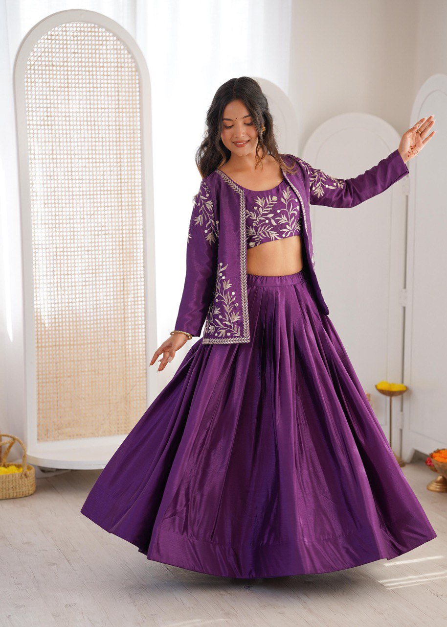 Designer Chinon Silk Lehenga Set with Embroidered Choli & Koti