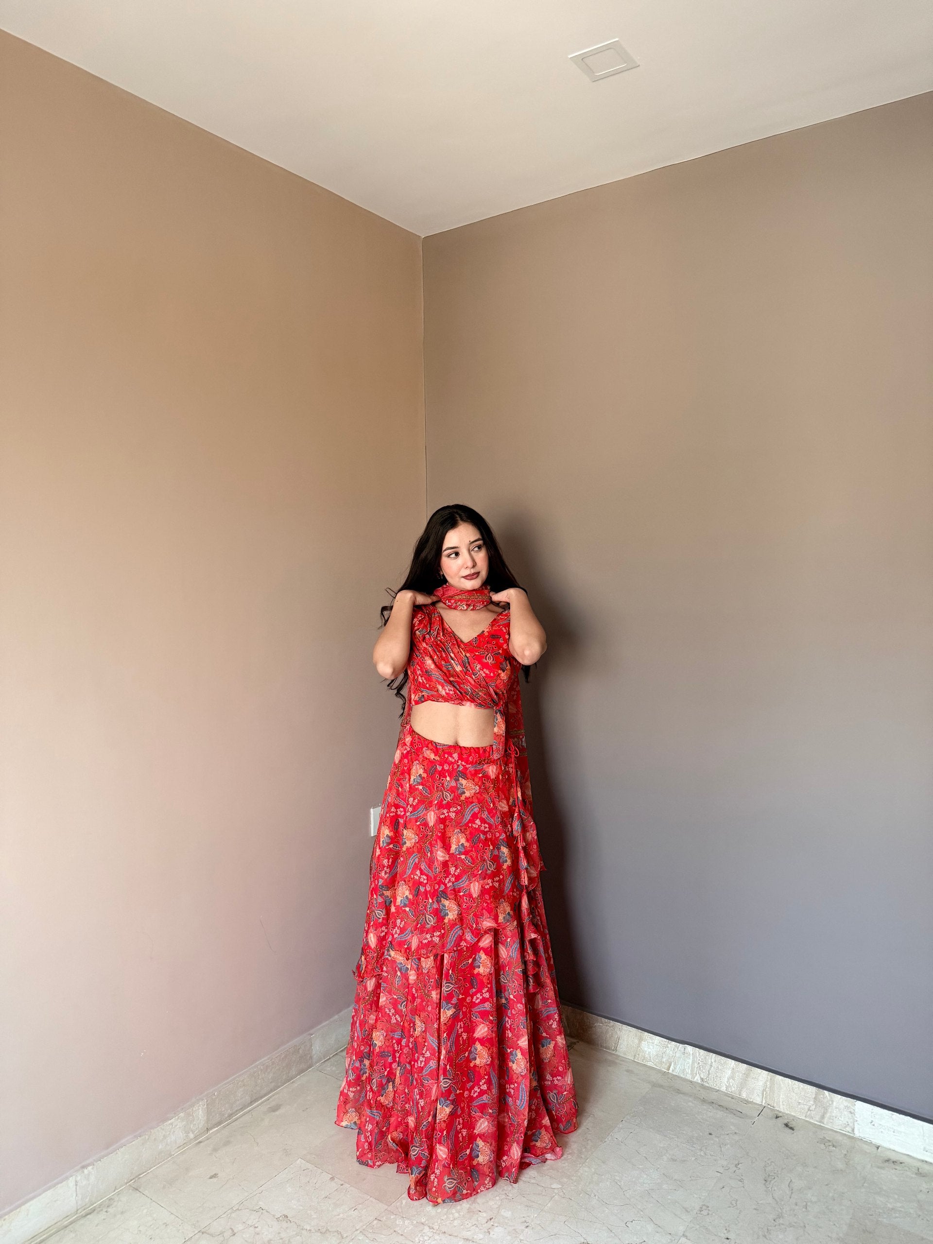 Red Floral Printed Lehenga Set with Sleeveless Blouse & Dupatta