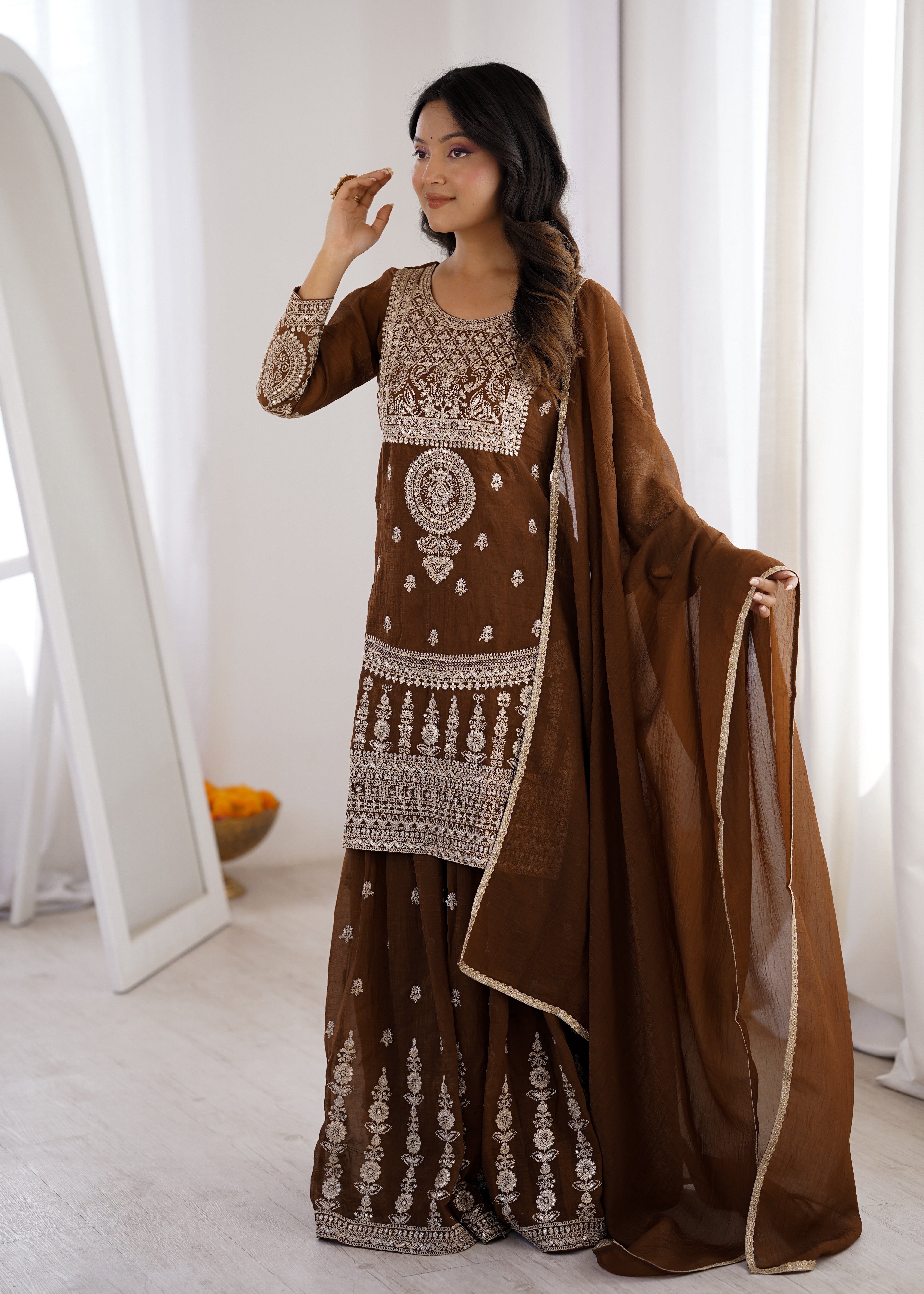 Crunchy Silk Embroidered Sharara Suit Set with Designer Dupatta