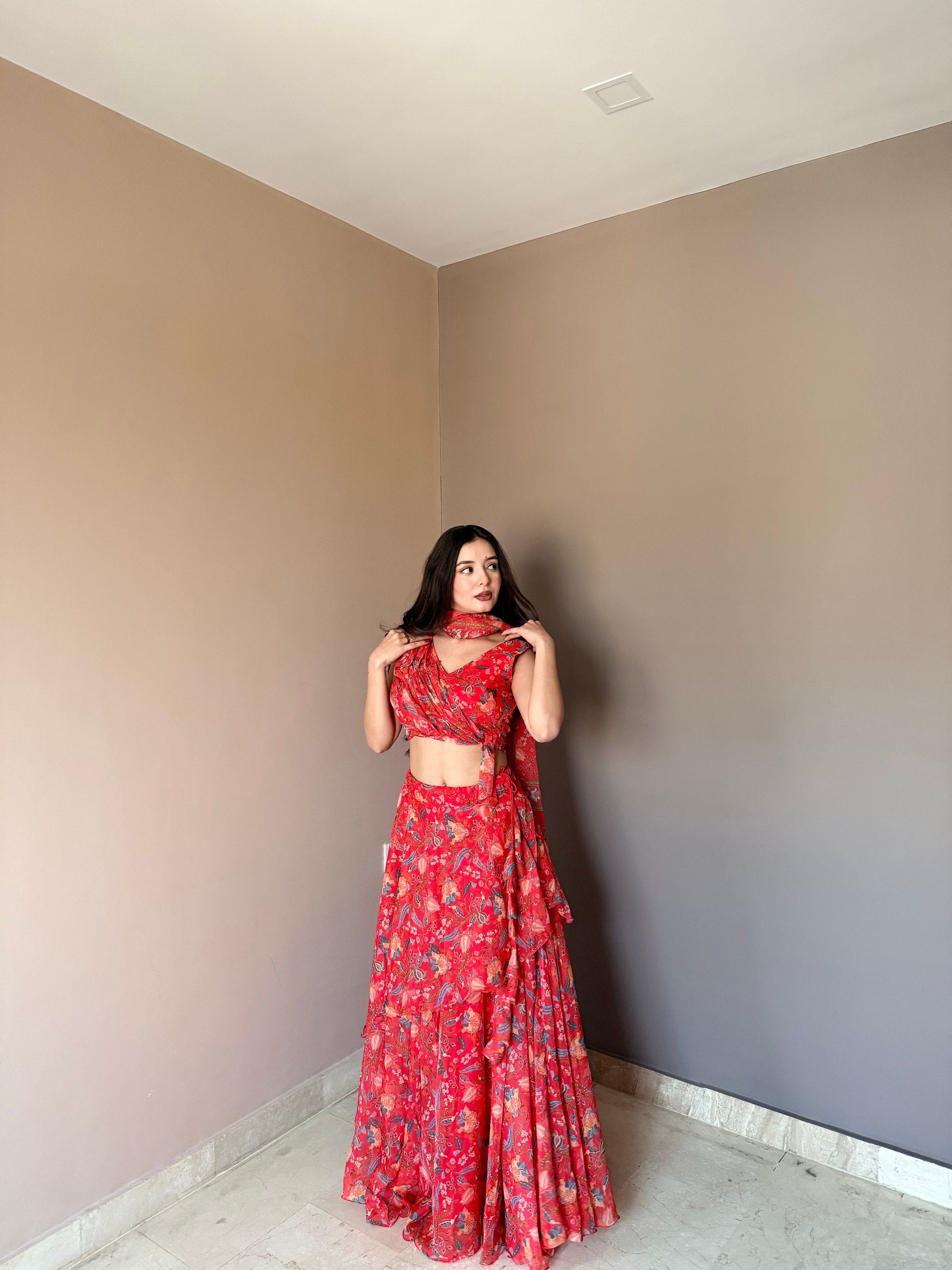 Red Floral Printed Lehenga Set with Sleeveless Blouse & Dupatta
