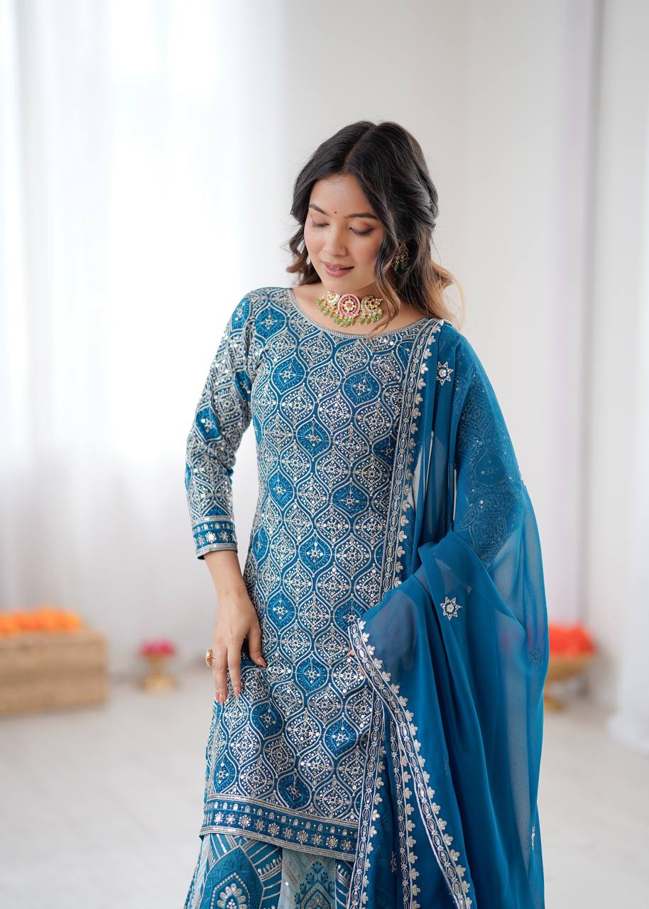 Faux Georgette Lehenga Set with Embroidered Top & Dupatta