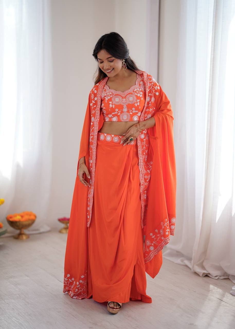 Western Dhoti Set with Shrug & Choli
