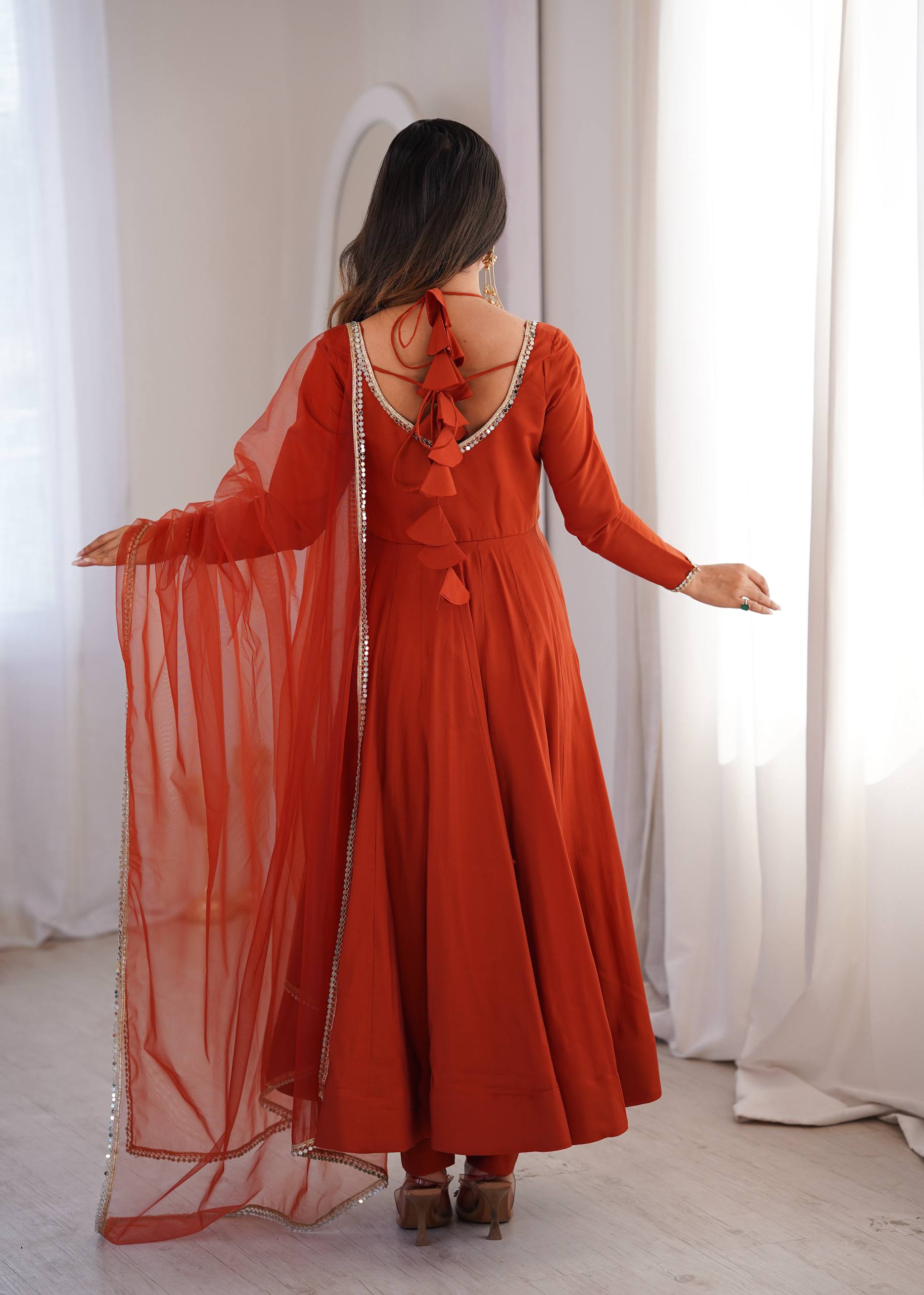 Roman Silk Chanderi Anarkali Gown Set with Mirror Lace Dupatta