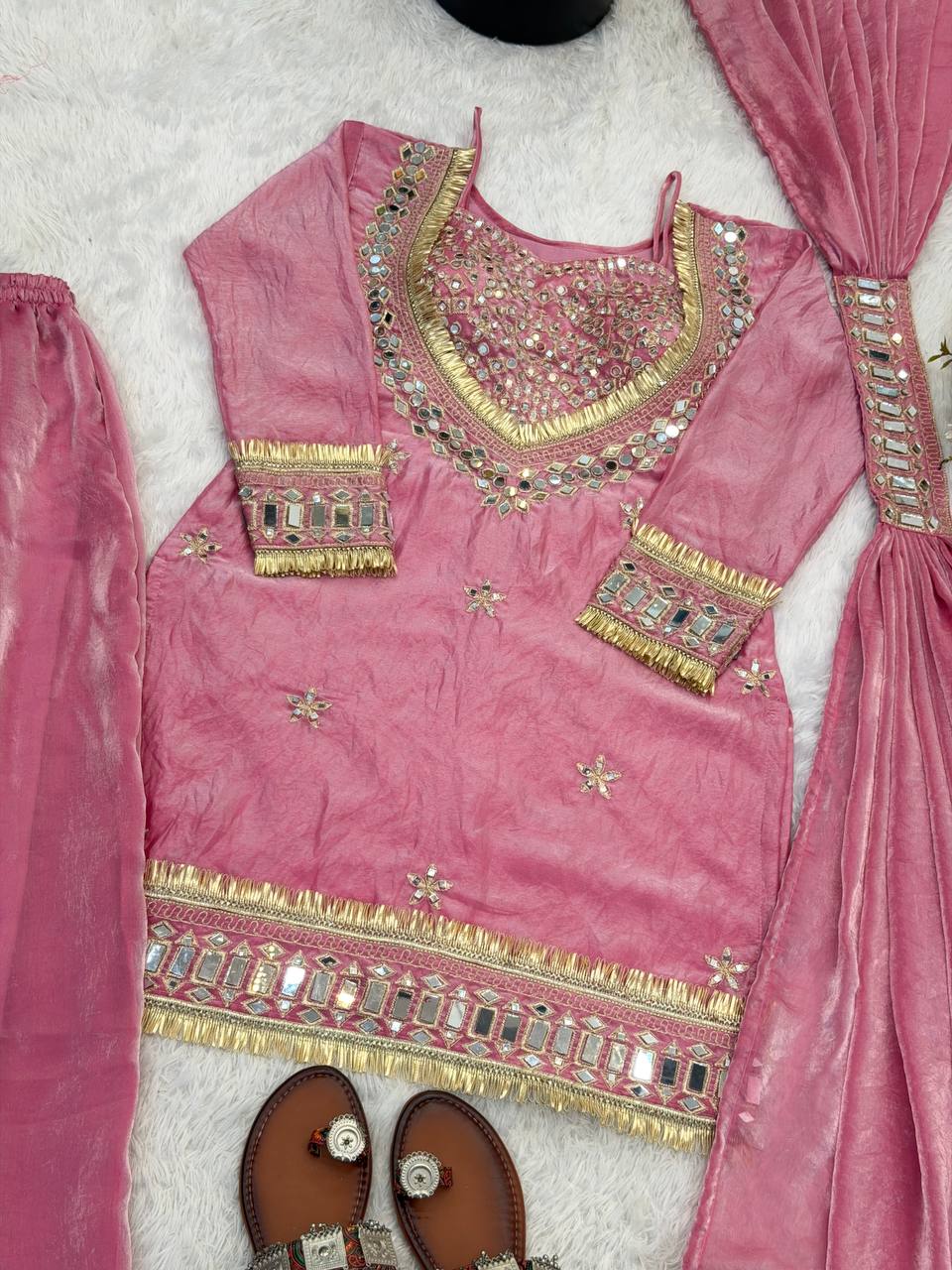 Designer Georgette Anarkali Gown Set with Dupatta (7 Meter Flair | Mauve Pink)