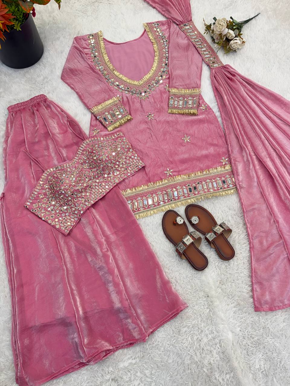 Designer Georgette Anarkali Gown Set with Dupatta (7 Meter Flair | Mauve Pink)