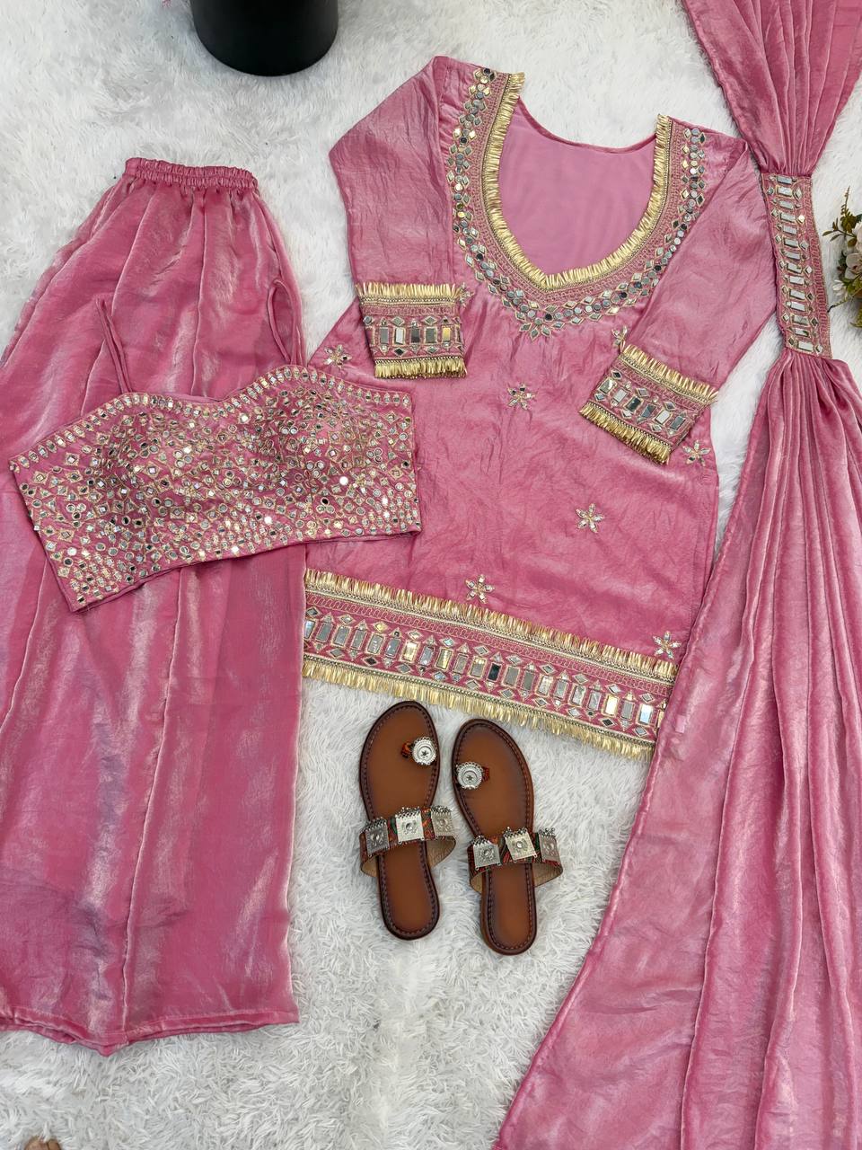 Designer Georgette Anarkali Gown Set with Dupatta (7 Meter Flair | Mauve Pink)