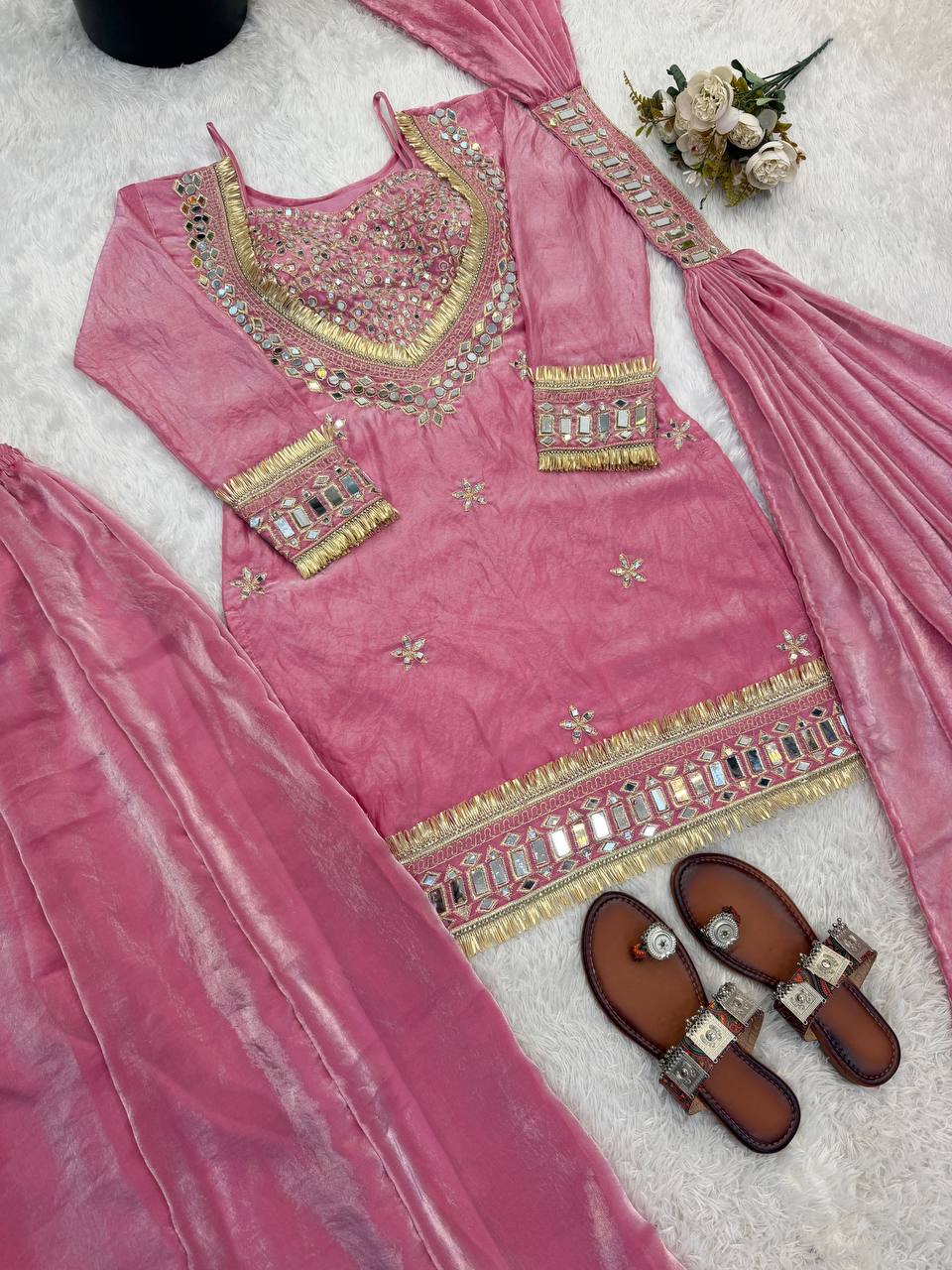 Designer Georgette Anarkali Gown Set with Dupatta (7 Meter Flair | Mauve Pink)